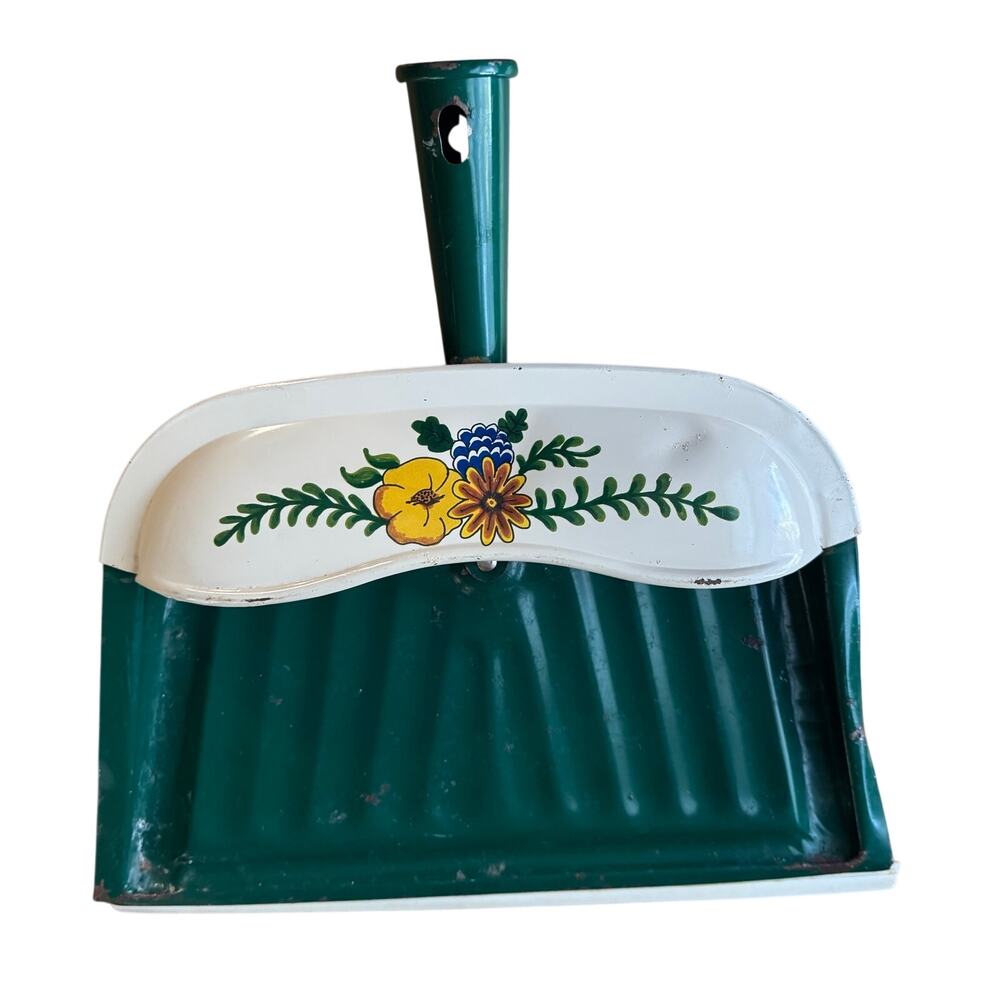 Vintage JV Reed Metal Dustpan Green Yellow Flowers Cottage Core Housekeeping